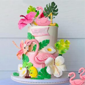 Flamingo Cake Toppers Artificial Flower Palm Leaves Cake Decoration for Birthday Summer Tropical Hawaiian Themed Party Supplies (Two Flamingo)
