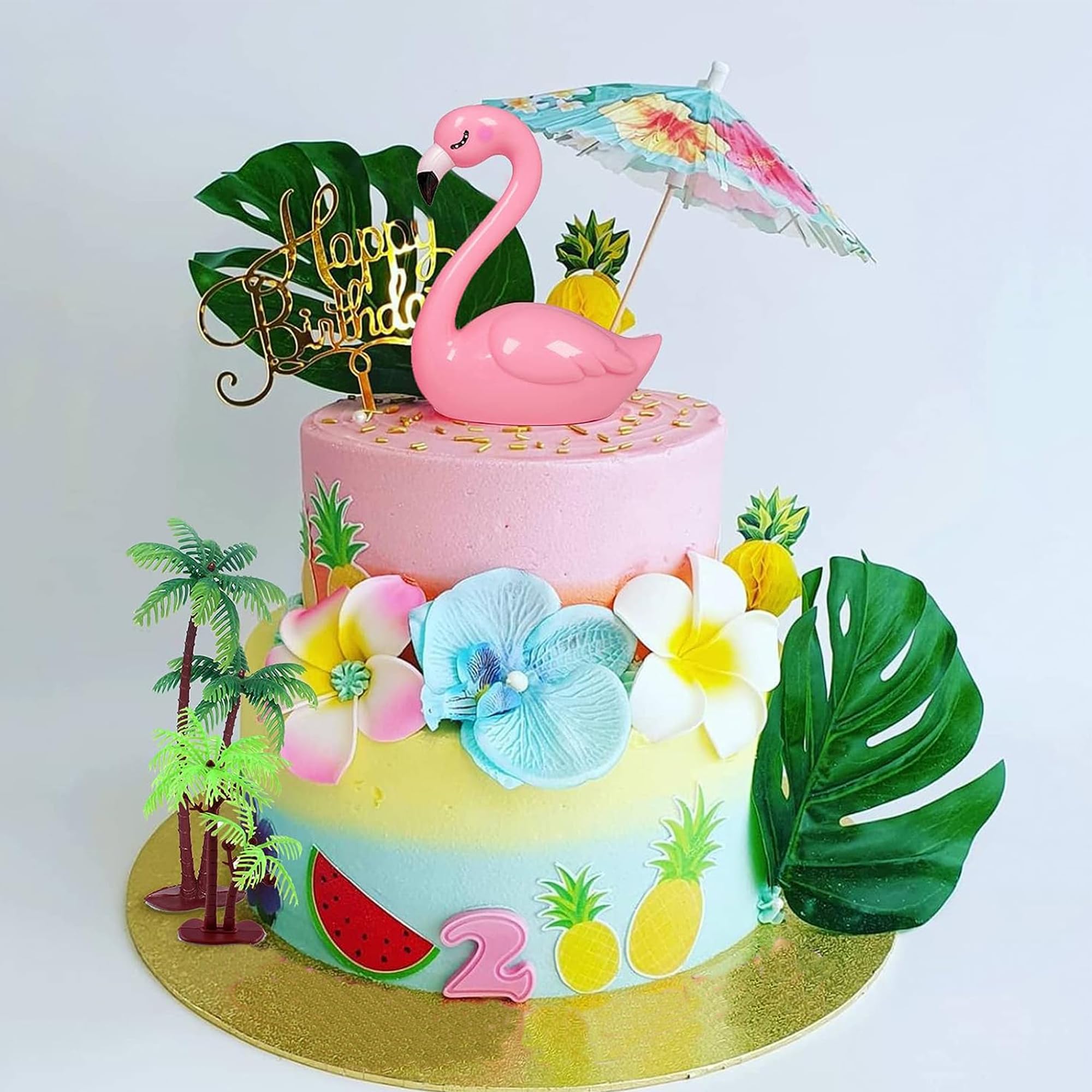 Flamingo Cake Toppers Artificial Flower Palm Leaves Cake Decoration for Birthday Summer Tropical Hawaiian Themed Party Supplies (Two Flamingo)