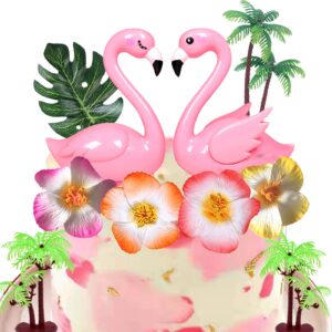 Flamingo Cake Toppers Artificial Flower Palm Leaves Cake Decoration for Birthday Summer Tropical Hawaiian Themed Party Supplies (Two Flamingo)