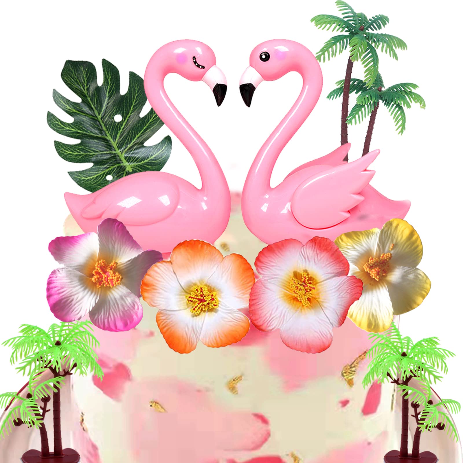 Flamingo Cake Toppers Artificial Flower Palm Leaves Cake Decoration for Birthday Summer Tropical Hawaiian Themed Party Supplies (Two Flamingo)