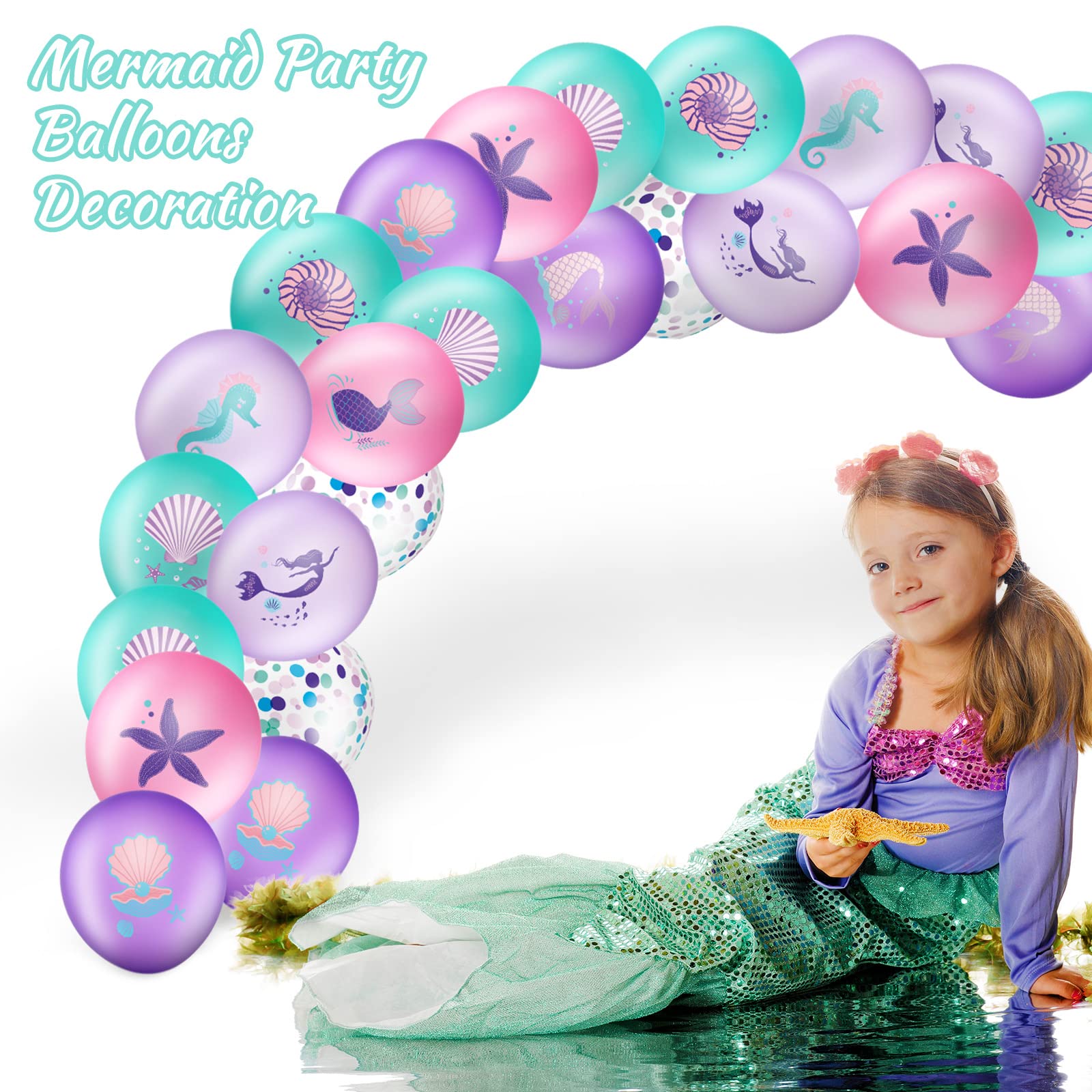 Mermaid Party Balloons Set Under the Sea Theme Birthday Party Balloons Decorations Ocean Mermaid Purple Pink Green Latex Confetti Balloon for Kids Girls Boys Birthday Princess Party Supplies 36 Pieces