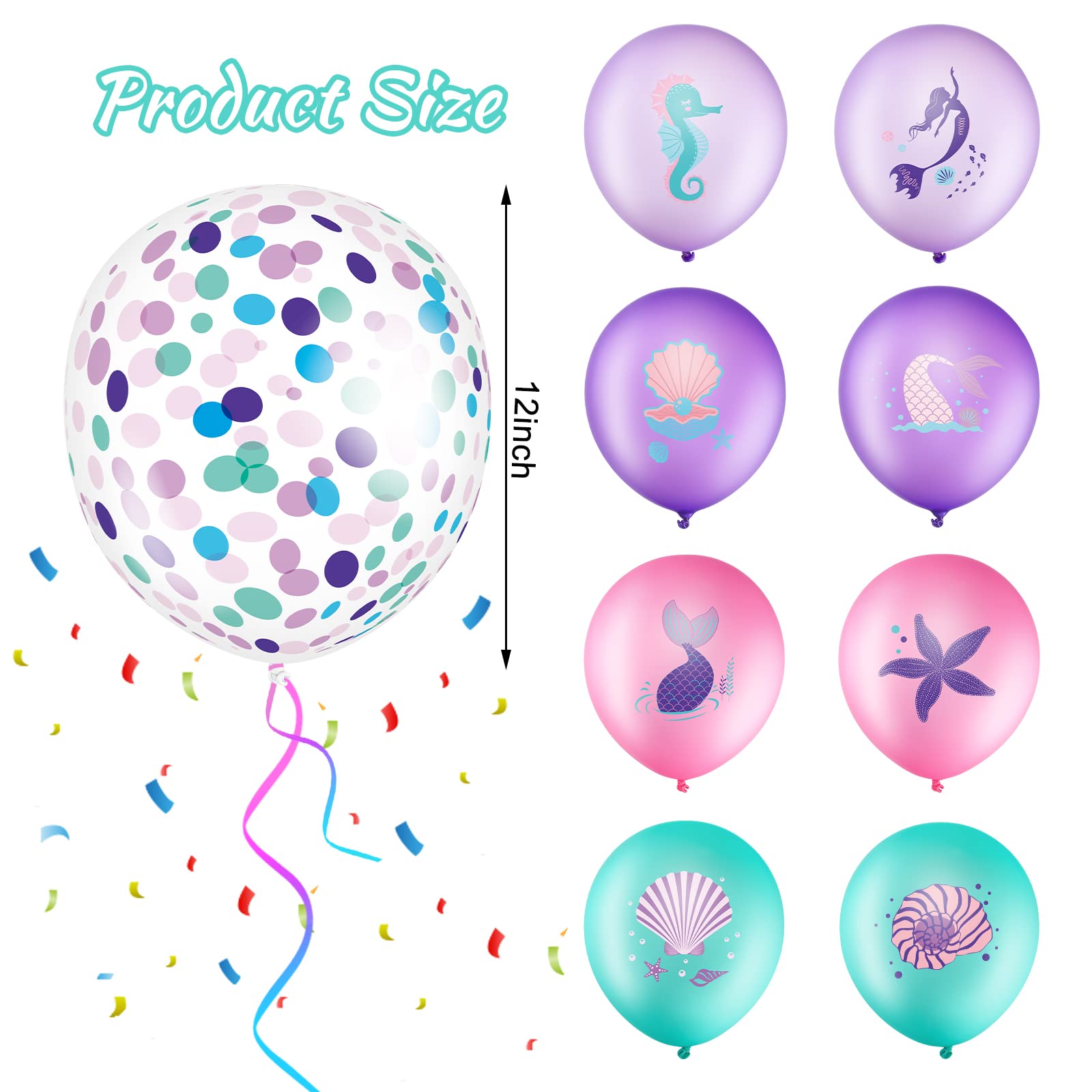 Mermaid Party Balloons Set Under the Sea Theme Birthday Party Balloons Decorations Ocean Mermaid Purple Pink Green Latex Confetti Balloon for Kids Girls Boys Birthday Princess Party Supplies 36 Pieces