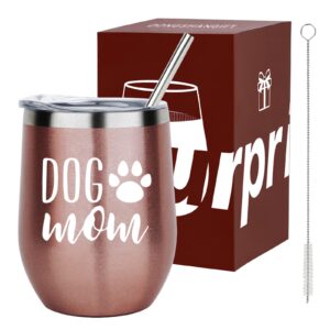 dog mom wine tumbler dog mom tumbler for dog lovers mother women from daughter son mothers day birthday christmas gifts for mom wife 12 ounce dog wine tumbler with lid straw and gift box rose gold