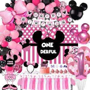 hipeewo minnie 1st birthday party supplies - minnie theme mouse birthday decorations include banner, balloons arch, backdrop, tablecloth, headband, welcome door sign, minnie first birthday party decor