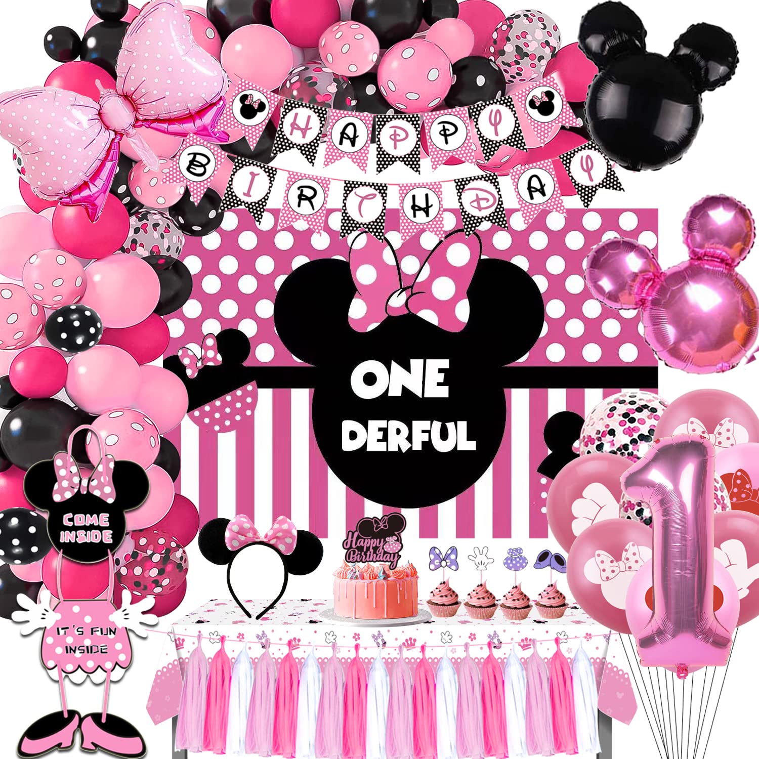 HIPEEWO Minnie 1st Birthday Party Supplies - Minnie Theme Mouse Birthday Decorations Include Banner, Balloons Arch, Backdrop, Tablecloth, Headband, Welcome Door Sign, Minnie First Birthday Party Decor