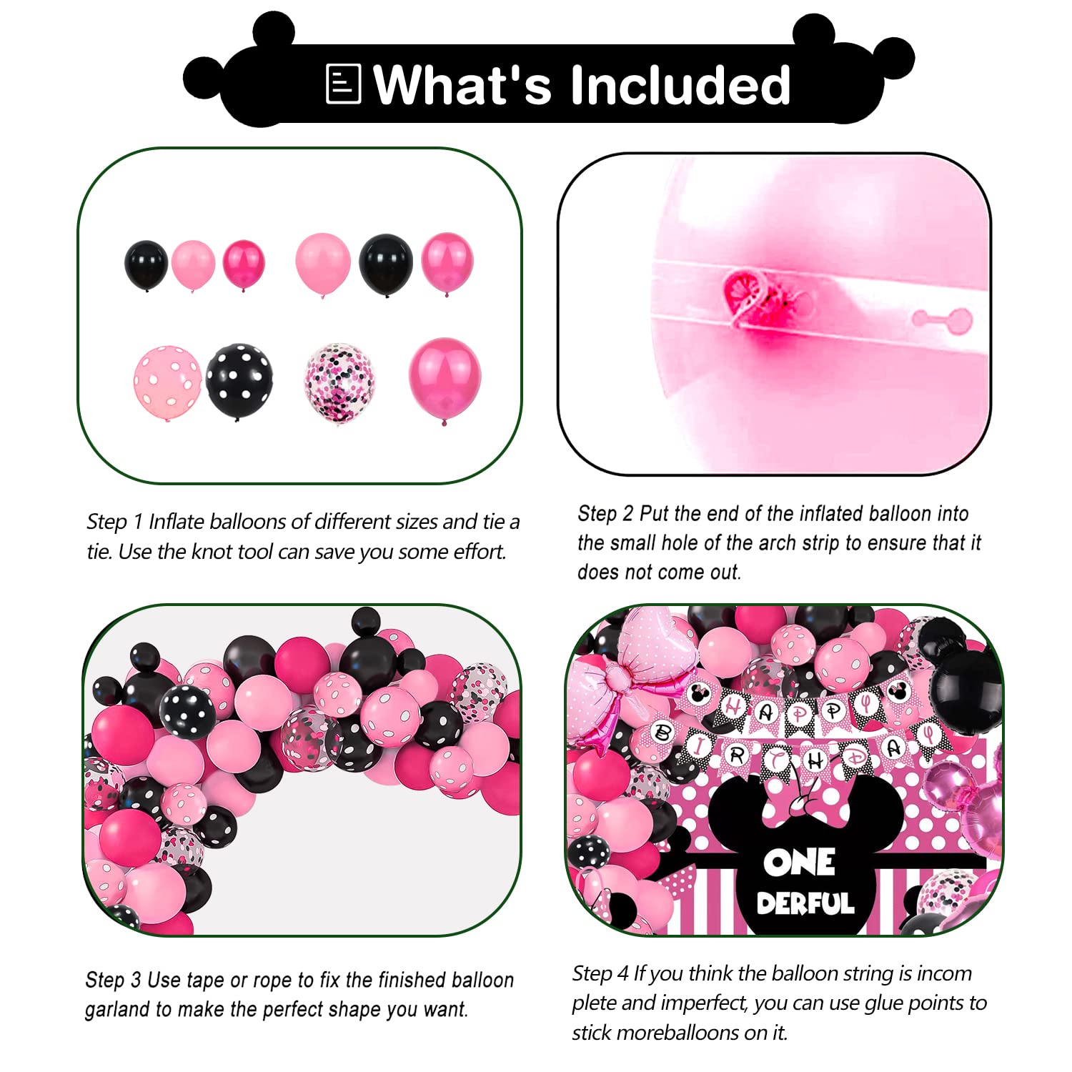 HIPEEWO Minnie 1st Birthday Party Supplies - Minnie Theme Mouse Birthday Decorations Include Banner, Balloons Arch, Backdrop, Tablecloth, Headband, Welcome Door Sign, Minnie First Birthday Party Decor