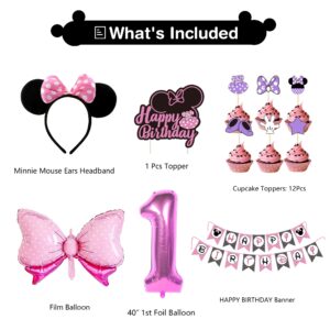 HIPEEWO Minnie 1st Birthday Party Supplies - Minnie Theme Mouse Birthday Decorations Include Banner, Balloons Arch, Backdrop, Tablecloth, Headband, Welcome Door Sign, Minnie First Birthday Party Decor