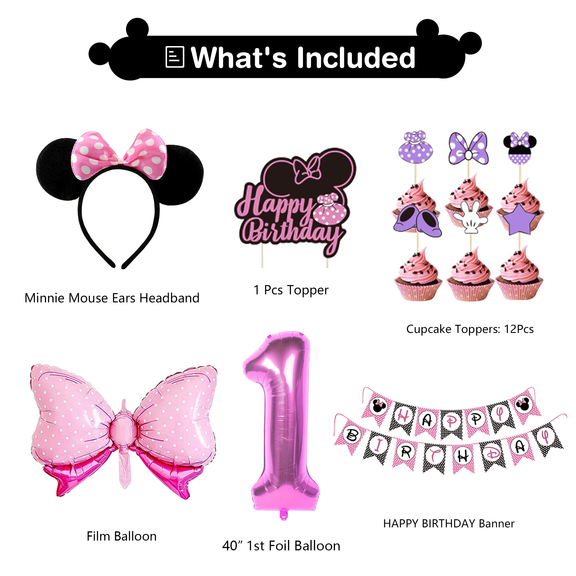 HIPEEWO Minnie 1st Birthday Party Supplies - Minnie Theme Mouse Birthday Decorations Include Banner, Balloons Arch, Backdrop, Tablecloth, Headband, Welcome Door Sign, Minnie First Birthday Party Decor