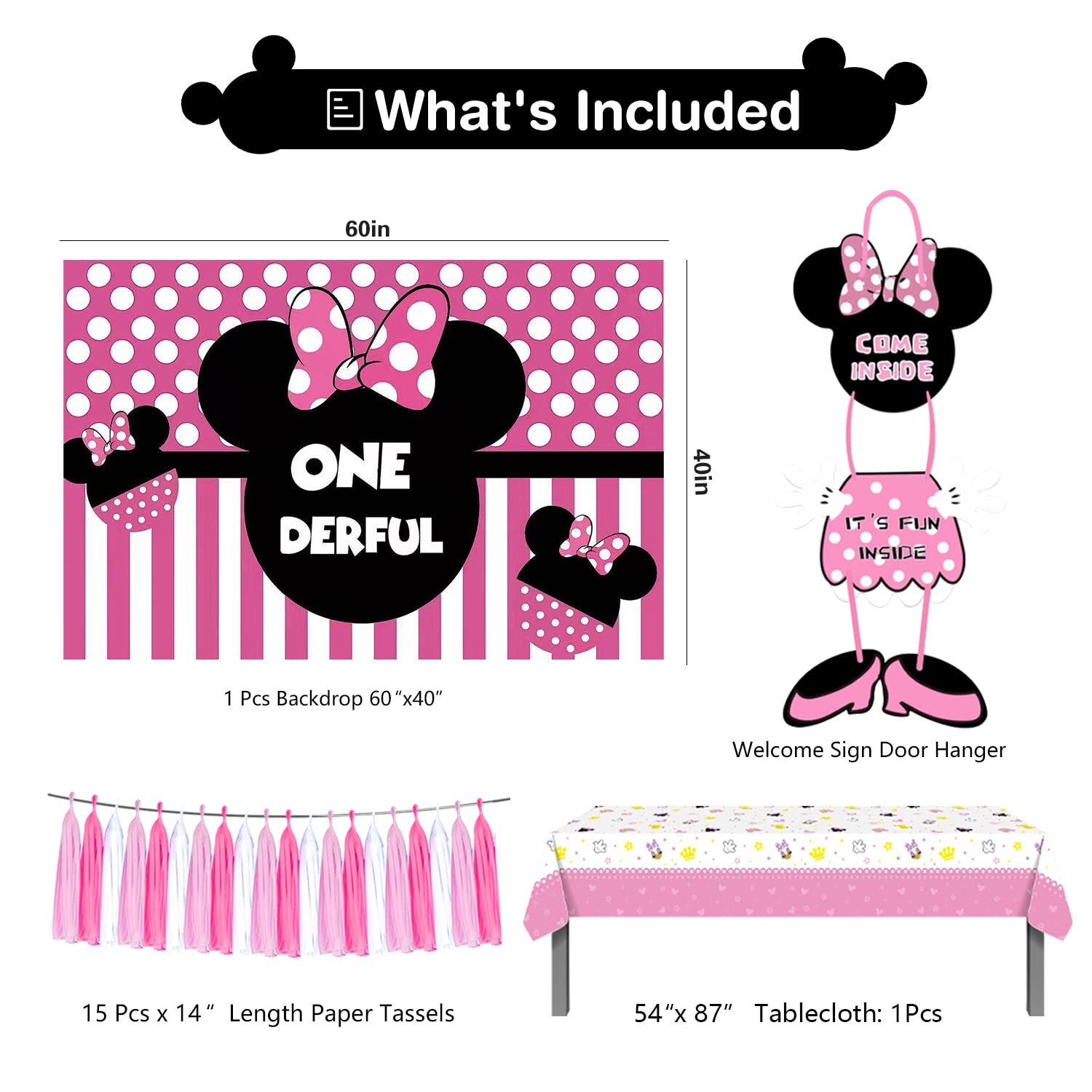 HIPEEWO Minnie 1st Birthday Party Supplies - Minnie Theme Mouse Birthday Decorations Include Banner, Balloons Arch, Backdrop, Tablecloth, Headband, Welcome Door Sign, Minnie First Birthday Party Decor