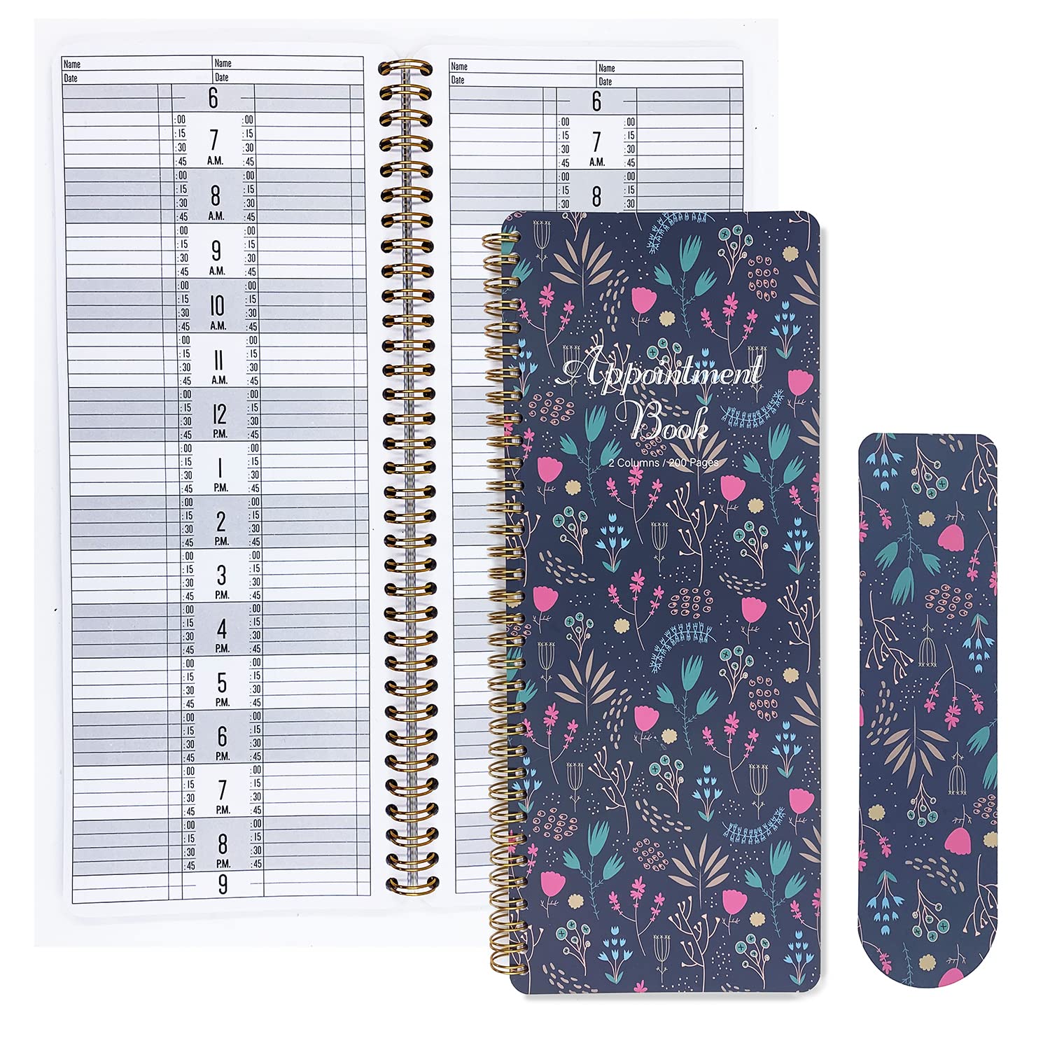 bolimoss Flower Appointment Book - 2024 Salon Appointment Book, Daily Hourly Planner, 11.5" x 4.7", 2 columns, undated, 6am to 9pm, double wire binding, 200 pages, nice bookmark