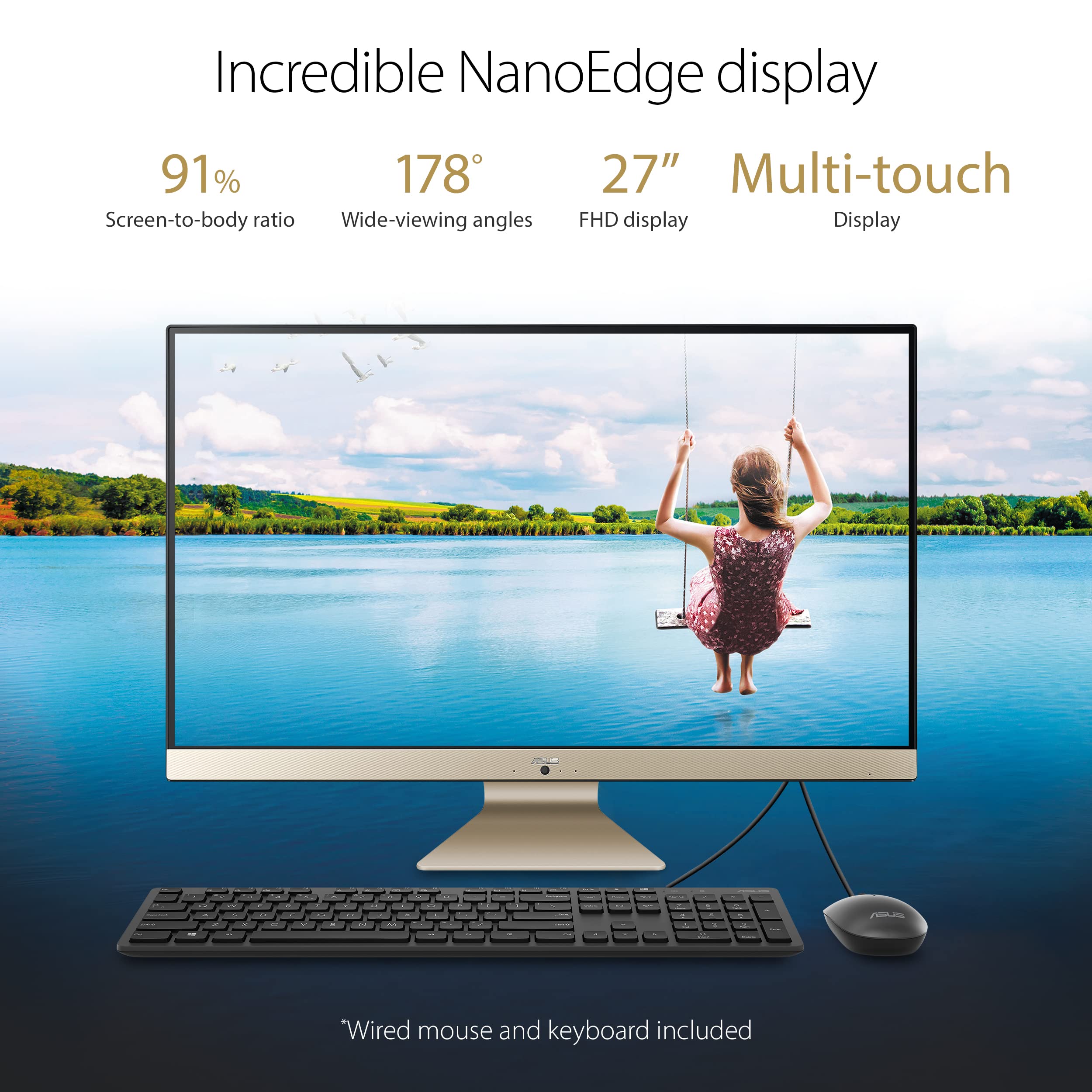 ASUS AiO 27” All-in-One Desktop Computer, AMD Ryan 7 5700U, 27” LED-Backlit Touchscreen Display with NanoEdge Bezel, 16GB DDR4 RAM, 512GB PCIe SSD, Wired Keyboard and Mouse, Black, Windows 11 Home
