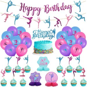 36 pieces gymnastics party supplies decoration 2 gymnastics birthday banner 3 table honeycomb centerpieces 12 cupcake topper 1 cake topper 18 latex balloons for baby shower gender reveal party favors