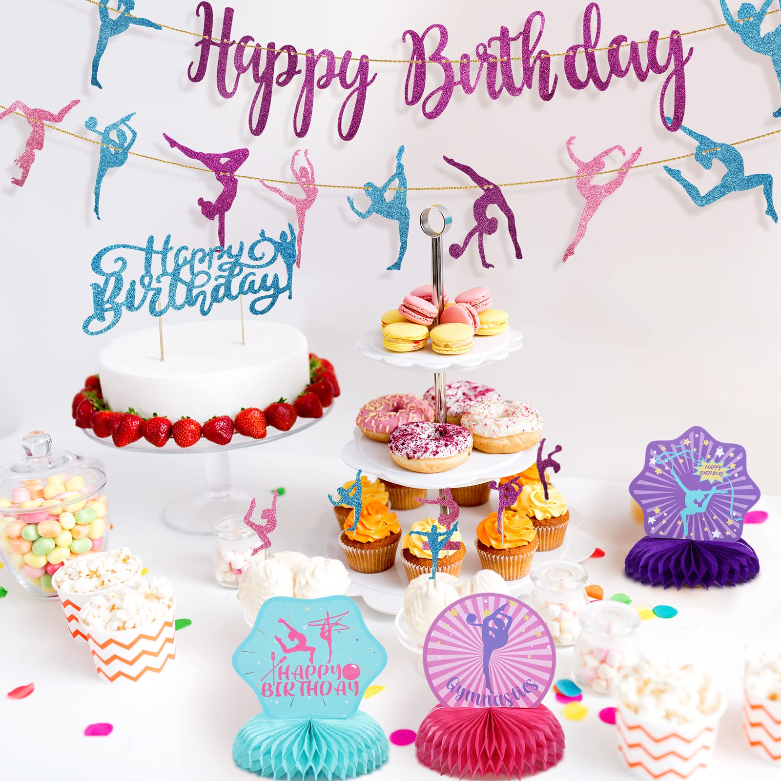 36 Pieces Gymnastics Party Supplies Decoration 2 Gymnastics Birthday Banner 3 Table Honeycomb Centerpieces 12 Cupcake Topper 1 Cake Topper 18 Latex Balloons for Baby Shower Gender Reveal Party Favors