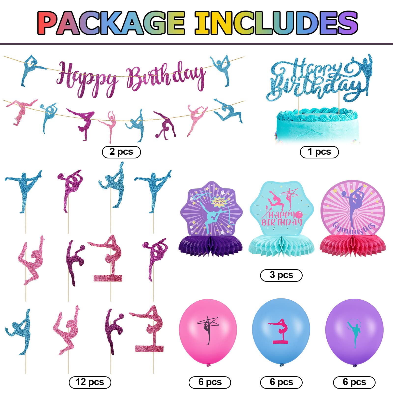 36 Pieces Gymnastics Party Supplies Decoration 2 Gymnastics Birthday Banner 3 Table Honeycomb Centerpieces 12 Cupcake Topper 1 Cake Topper 18 Latex Balloons for Baby Shower Gender Reveal Party Favors