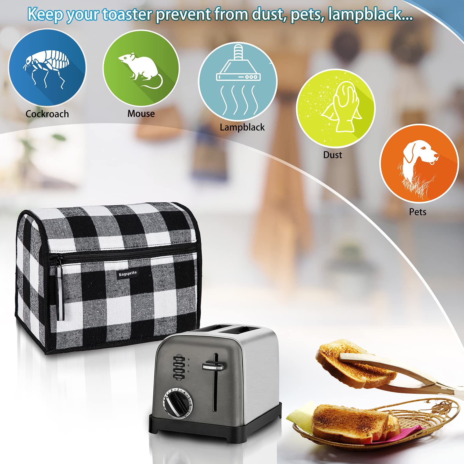 BAGSPRITE Toaster Cover 2 Slice Wide Slot, Toaster Oven Cover Compatible with Cuisinart, Small Bread Cover, 2 Slice Toaster Covers with Zipper Pockets Buffalo Check (Cover Only)