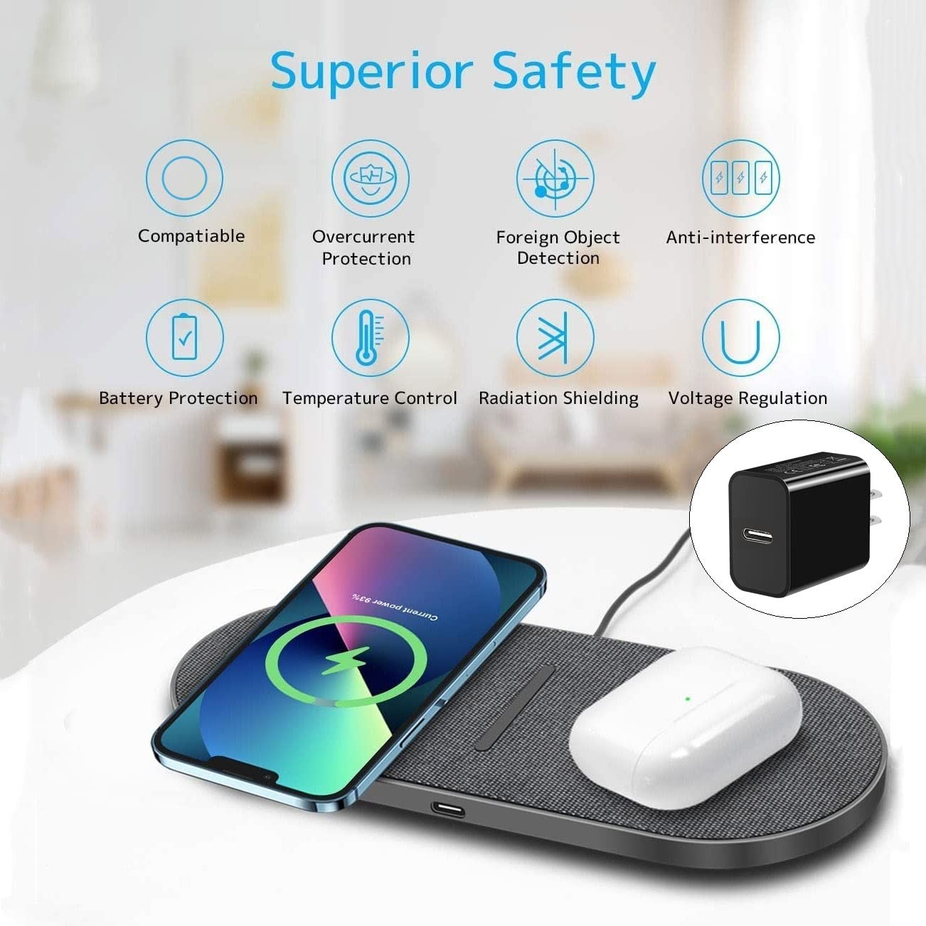 40W Wireless Charging Pad,Dual 20W Charging mat for Apple iPhone 15 14 13 12 11 Pro/Max/Mini/Plus/XS/XR,Airpods 3/2/Pro,2 in 1 Wireless Phone Charger for Samsung,Pixel,Xperia,LG(with PD Adapter)