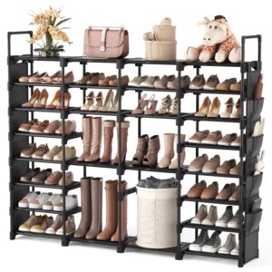 vtrin large shoe rack organizer, tall metal rack holds 62-66 pairs, 8 tiers space saving shoe shelf storage with side hanging pockets for living room entryway garage black