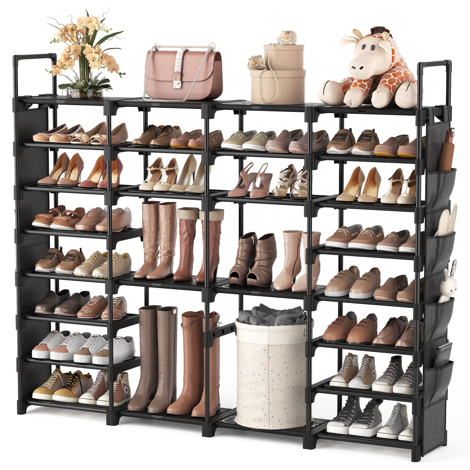 VTRIN Large Shoe Rack Organizer, tall metal rack Holds 62-66 Pairs, 8 Tiers Space Saving Shoe Shelf Storage with Side hanging pockets for Living Room Entryway Garage Black