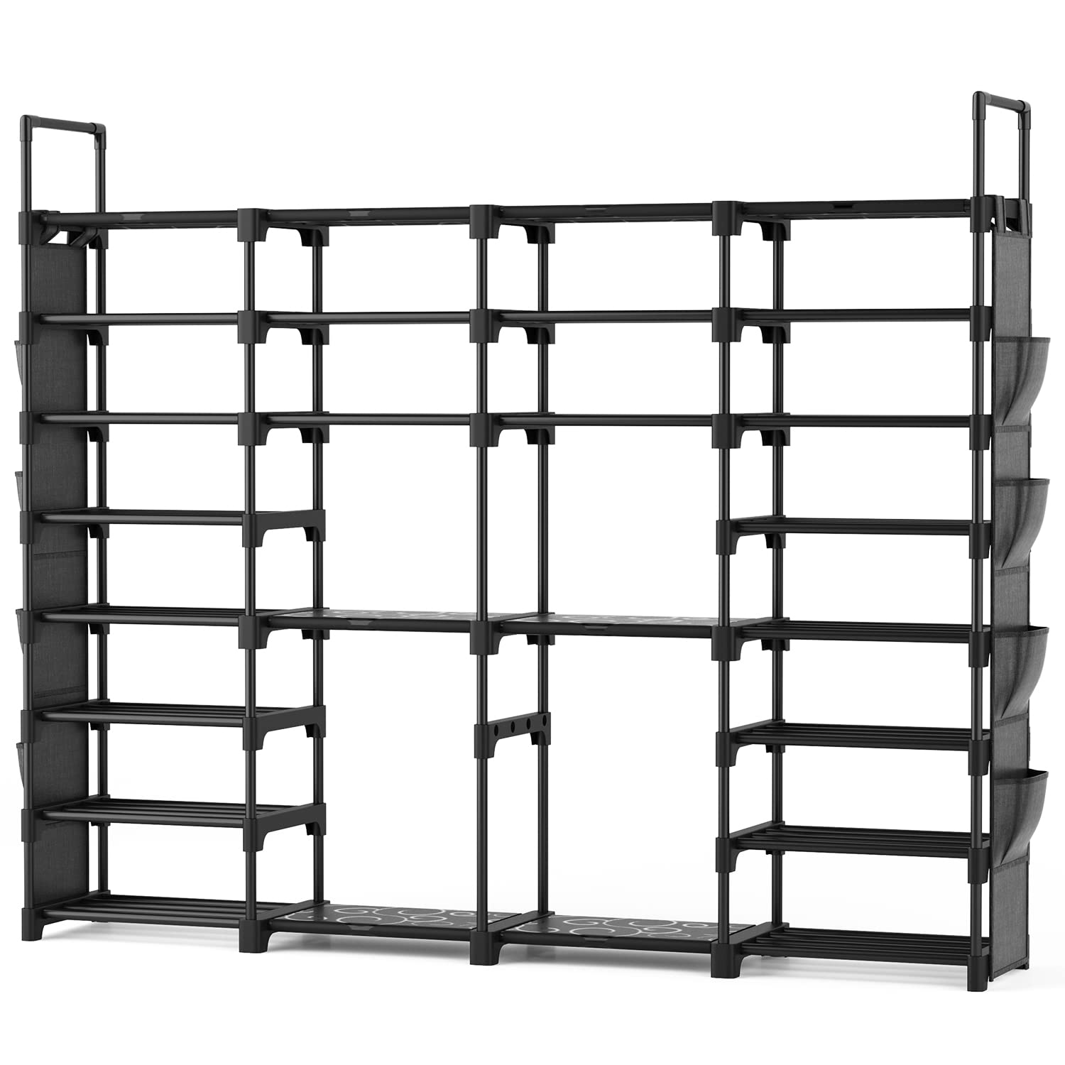 VTRIN Large Shoe Rack Organizer, tall metal rack Holds 62-66 Pairs, 8 Tiers Space Saving Shoe Shelf Storage with Side hanging pockets for Living Room Entryway Garage Black