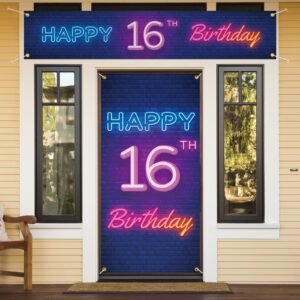 neon happy 16th birthday door cover porch banner and large yard sign set decor colorful - glow neon theme 16 years old birthday party decoraions for boys girls supplies