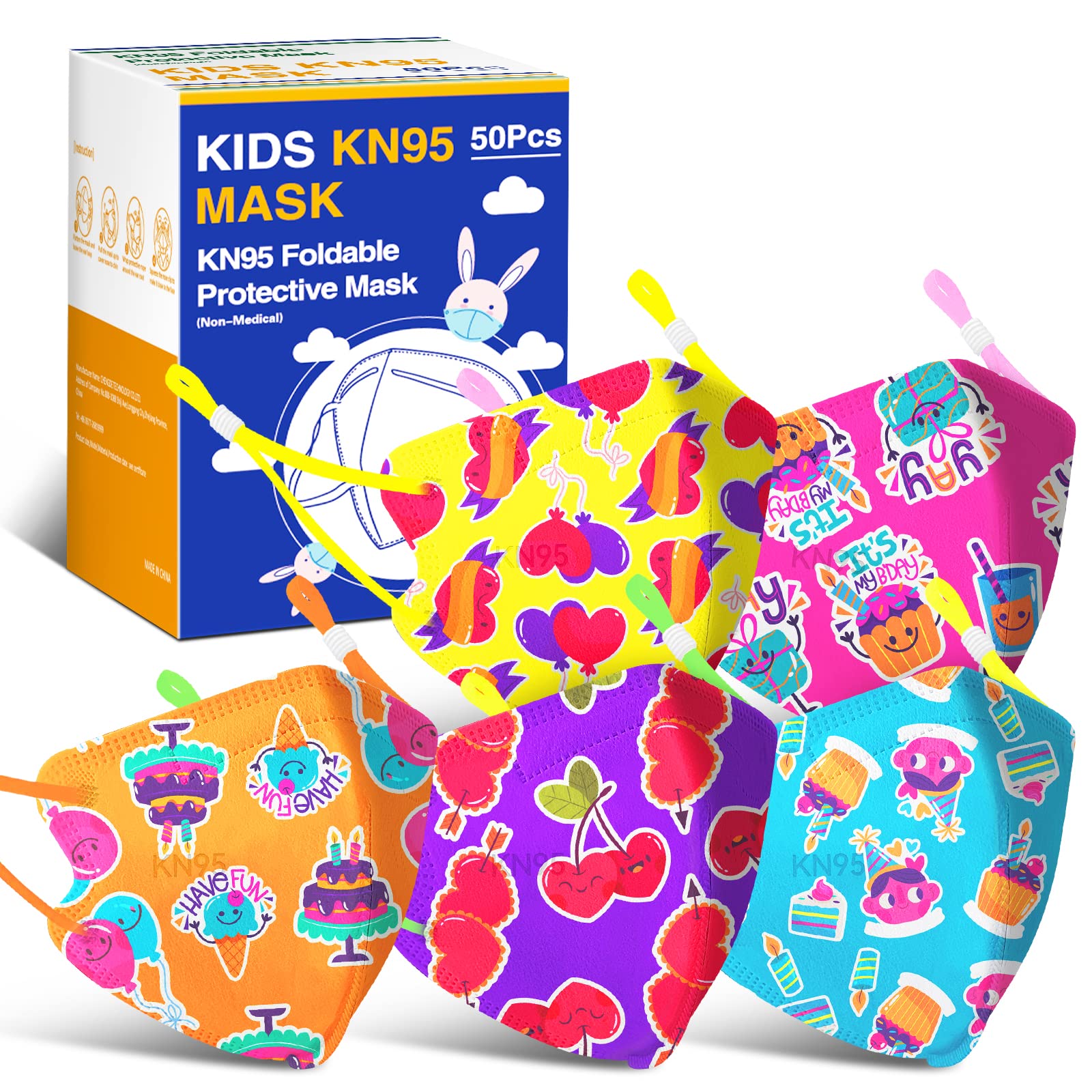 ChiSip 50Pcs KN95 Face Mask for Kids, 5-Layers Breathable KN95 Masks with Cartoon Pattern for Children Boys Girls, Cake Print Safety Masks