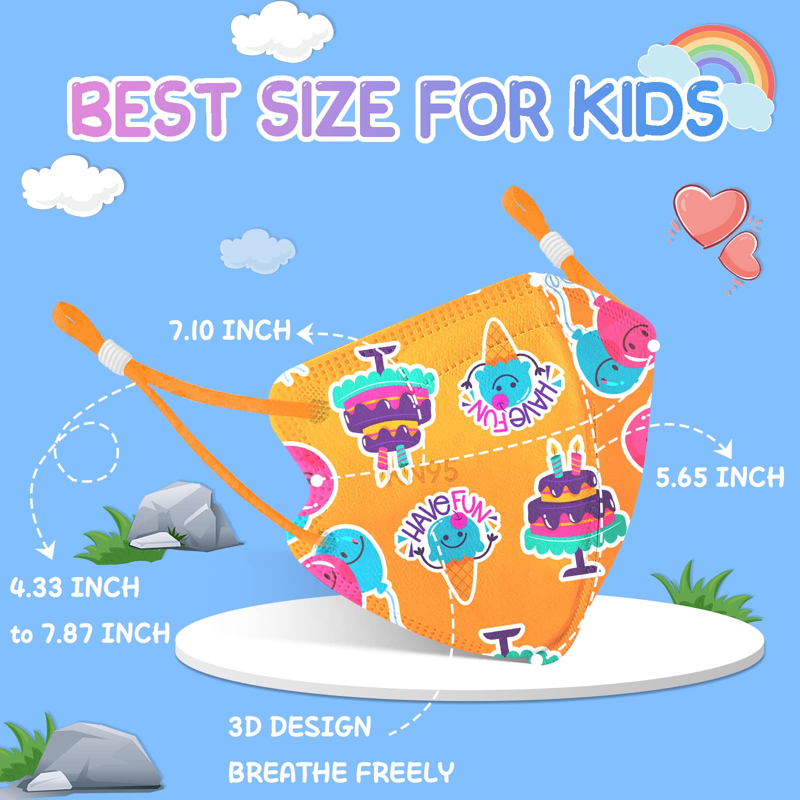 ChiSip 50Pcs KN95 Face Mask for Kids, 5-Layers Breathable KN95 Masks with Cartoon Pattern for Children Boys Girls, Cake Print Safety Masks
