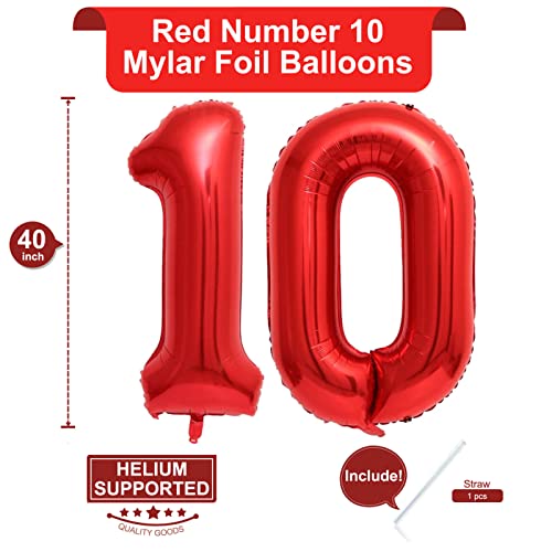 40 Inch Red 10 Number Balloons Giant Jumbo Huge 10 Foil Mylar Helium Number Digital Balloons Red Birthday Mylar Digital Balloons 10th Birthday Anniversary Events Party Decorations Supplies