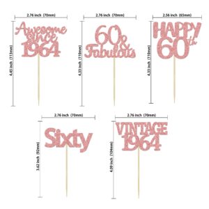Gyufise 30Pcs Rose Gold Vintage 1964 Cupcake Toppers Number 60 Cheers to 60 Fabulous Sixty Cupcake Picks 60th Birthday Wedding Anniversary Party Cake Decorations Supplies