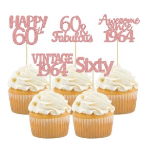 Gyufise 30Pcs Rose Gold Vintage 1964 Cupcake Toppers Number 60 Cheers to 60 Fabulous Sixty Cupcake Picks 60th Birthday Wedding Anniversary Party Cake Decorations Supplies