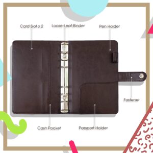 A6 Budget Notebook Binder, 6 Ring Refillable Loose-Leaf Folder Binder Cover Cash Savings Organizer with 12 Pcs Clear Plastic Zipper Envelopes, Card Pockets, Pen Holder and Label Stickers - Black