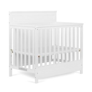 dream on me harbor full panel 4-in-1 convertible mini crib in white, water-based paint finish, jpma certified, 3-position mattress height setting, made of solid pinewood