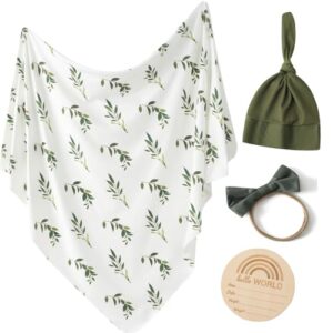 little jump stretchy baby swaddle blanket and hat bow set, olive branches jersey cotton receiving blanket, newborn hospital outfit for boys (green)