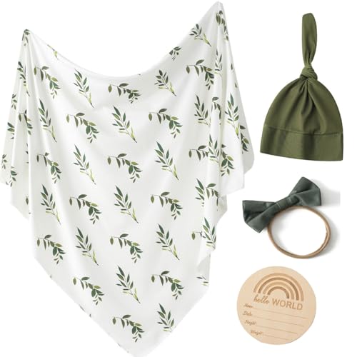 Little Jump stretchy baby Swaddle Blanket and Hat Bow Set, Olive Branches Jersey Cotton Receiving Blanket, newborn hospital outfit for Boys (Green)