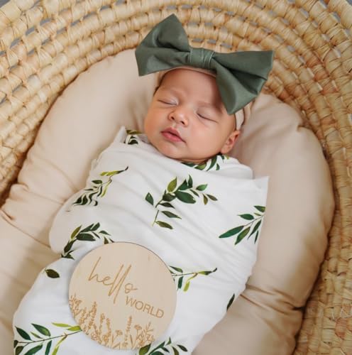 Little Jump stretchy baby Swaddle Blanket and Hat Bow Set, Olive Branches Jersey Cotton Receiving Blanket, newborn hospital outfit for Boys (Green)