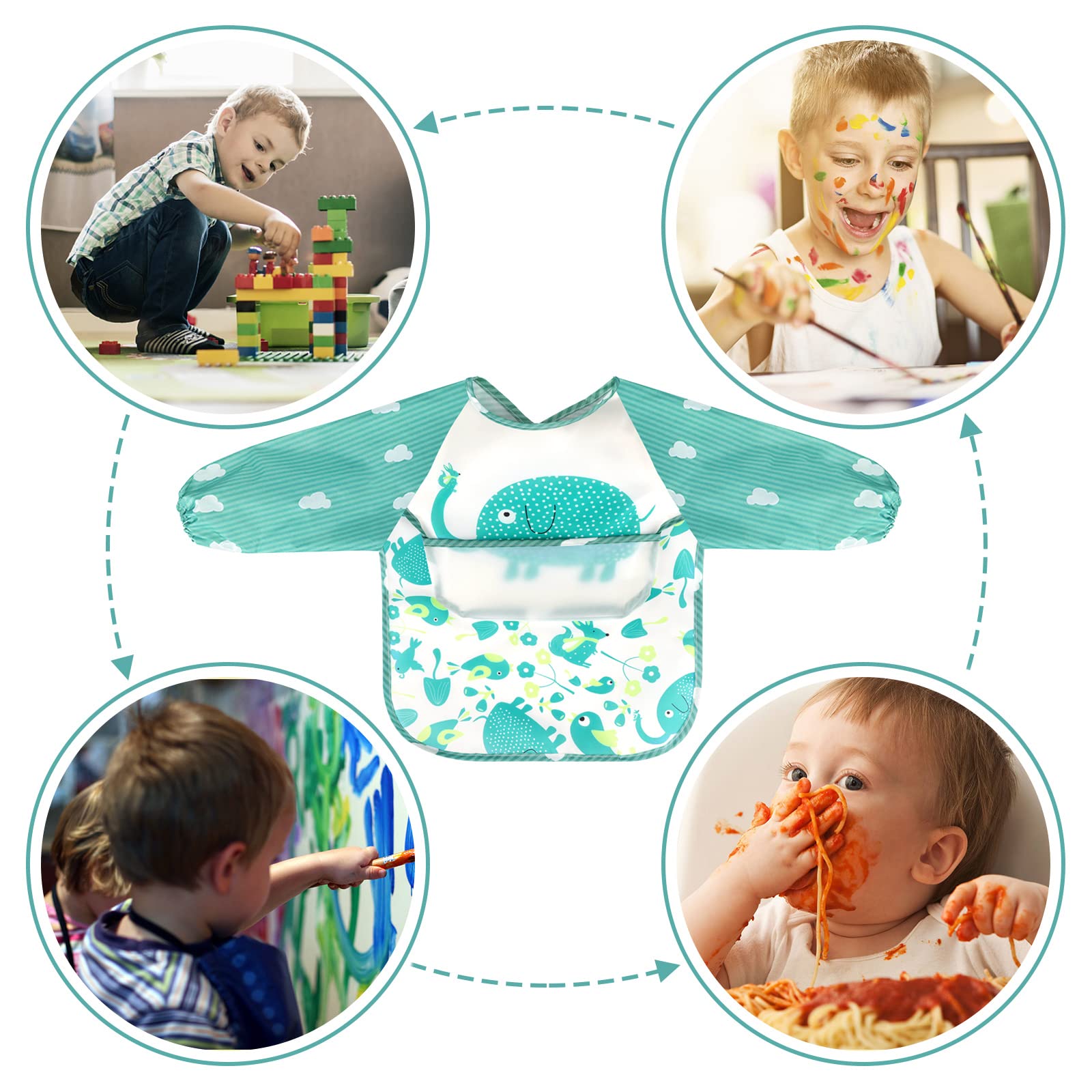 Accmor 5pcs Long Sleeve Baby Bibs, Waterproof Sleeved Bibs for Eating Feeding, Toddler Baby Girls Boys Smock Bibs for 6-36 Months