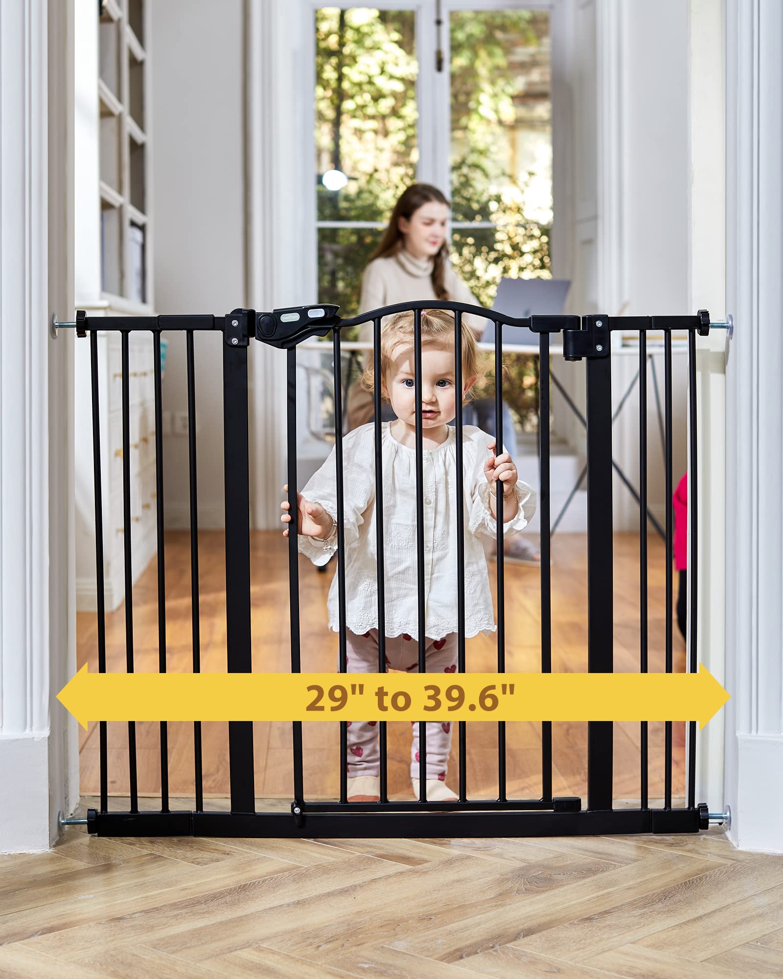 InnoTruth 29-39.6" Width Auto Close Baby Gate, 30" Tall Wide Dog Gate for Pets, Easy Install Walk Through for Doors, Hallways, House, Safety Kid/Puppy Pressure or Hardware Mounted Metal Gate, Black