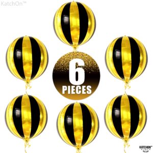 Big, 22 Inch Black and Gold Balloons - Pack of 6, Black and Gold Party Decorations | 360 Degree 4D Sphere Round Gold Black Metallic Balloons for Disco Party Decorations | Hollywood Party Decorations