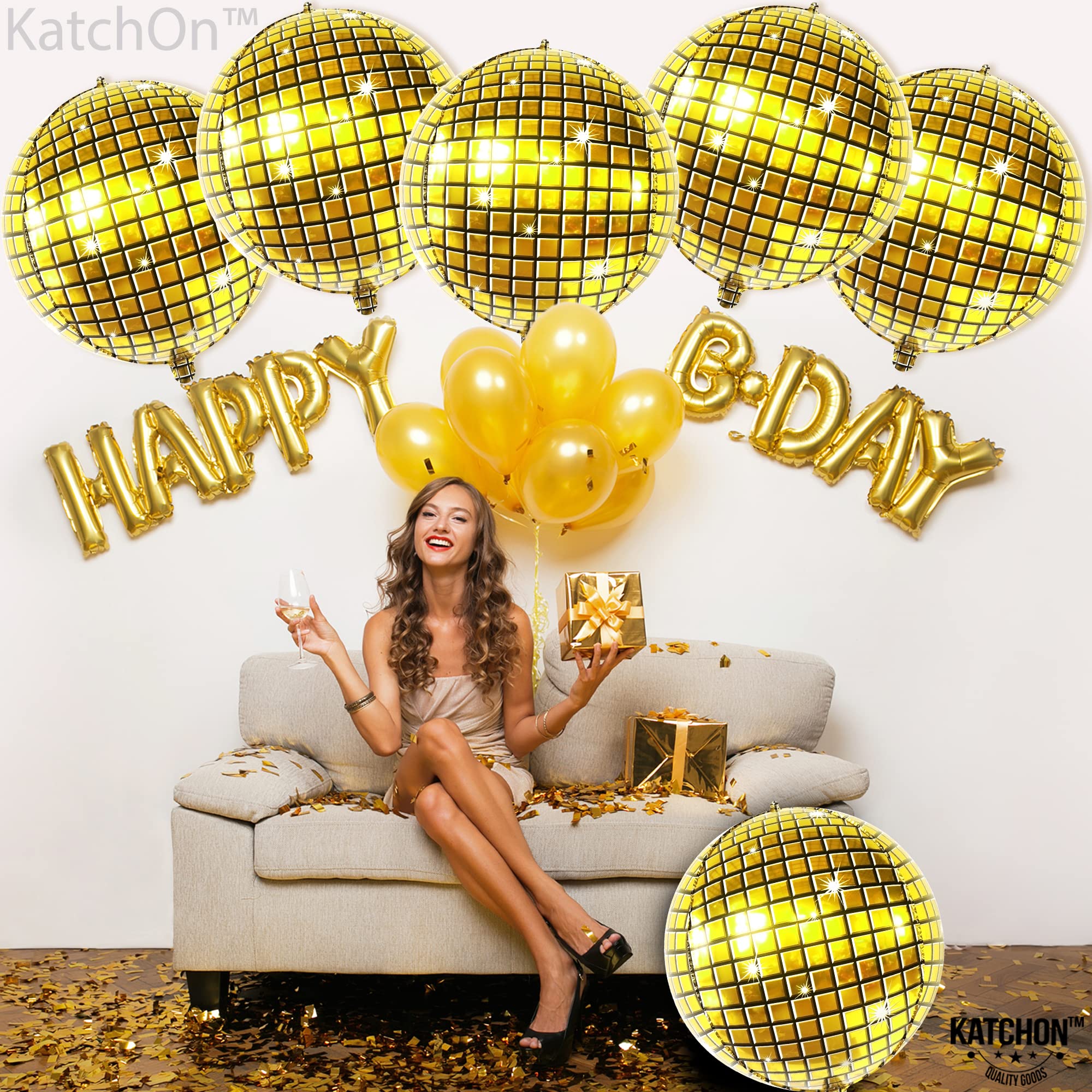KatchOn, Big Gold Disco Ball Balloons - 22 Inch, Pack of 6, Gold Disco Party Decorations | 4D Gold Disco Balloons, 70s Party Decorations | Gold Disco Ball Decorations | Disco Ball Balloons Gold