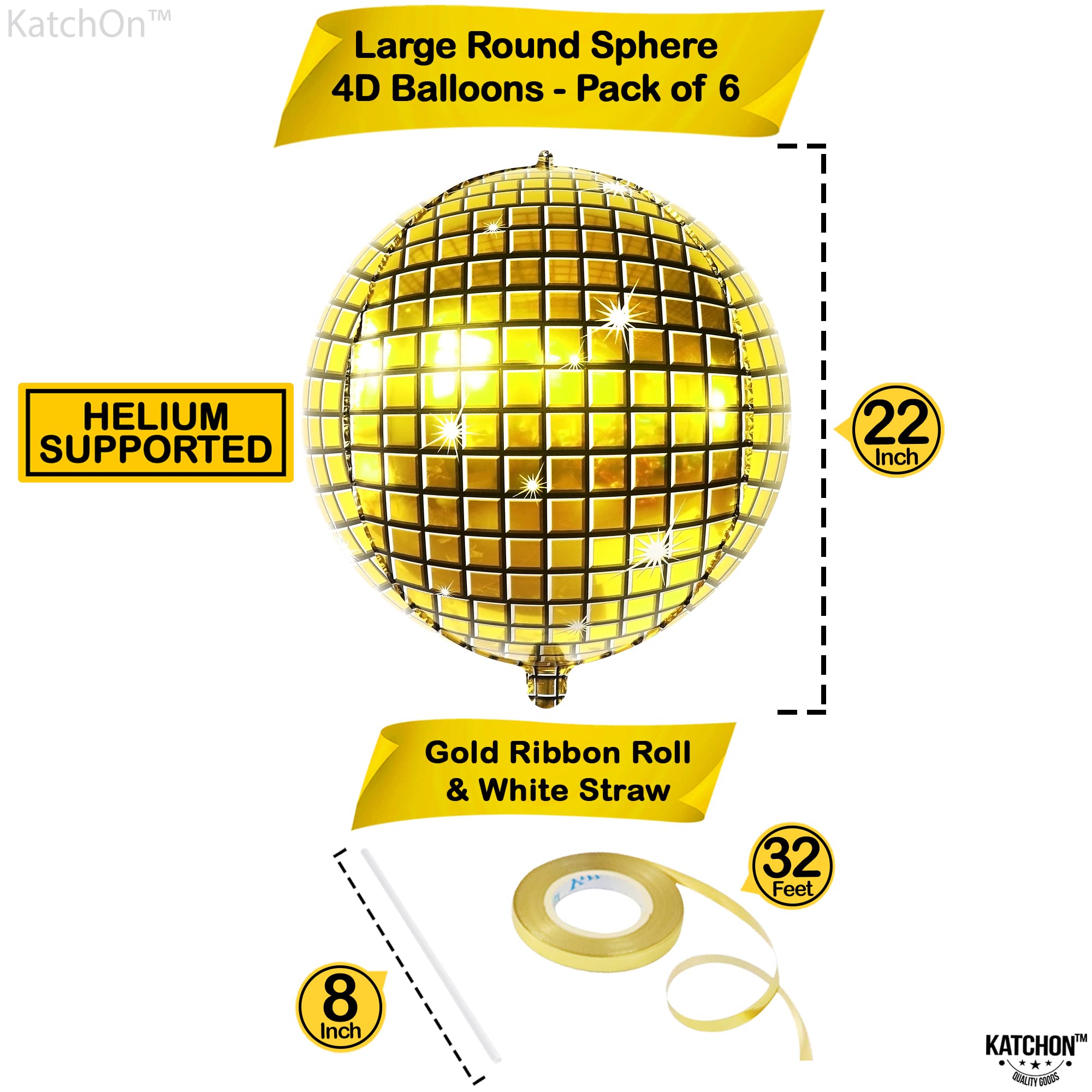 KatchOn, Big Gold Disco Ball Balloons - 22 Inch, Pack of 6, Gold Disco Party Decorations | 4D Gold Disco Balloons, 70s Party Decorations | Gold Disco Ball Decorations | Disco Ball Balloons Gold