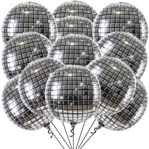 katchon, silver disco ball balloons - 22 inch, pack of 12 | disco bachelorette party decorations | 4d sphere disco balloons for disco party decorations | disco ball decor, dance party decorations