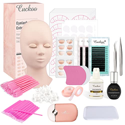 Cuckoo Eyelash Extension Supplies Kit,Lash Extension Practice Kit For Beginner,Mannequin Head With 7 Pairs Replaced Eyelids Silicone And Supplies Training Set,Professional Eyelash Extension Kit