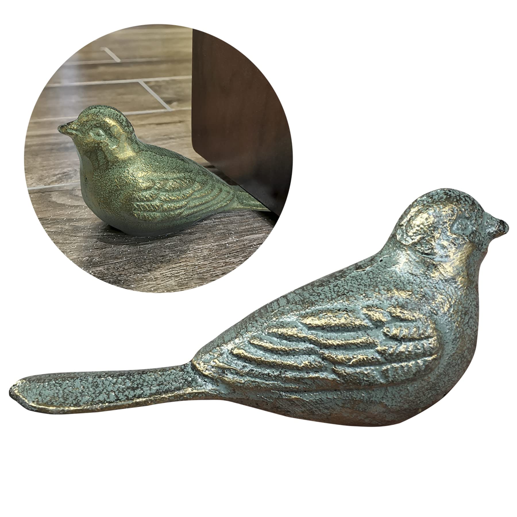 Livfodrm Cast Iron Door Stop Decorative Door Stoppers for Bottom of Door, Cute Bird Doorstop Animal Door Wedge Farmhouse Vintage Floor Decor, Antique Gold-Green