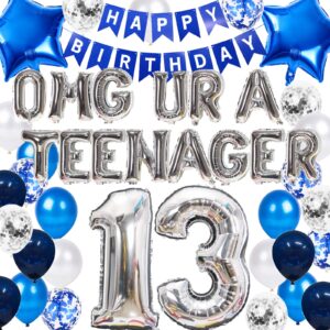 13th birthday decorations blue for boys, omg ur a teenager 13th birthday decoration, blue 13th birthday banner number 13 star foil balloons with blue confetti balloons for 13 year old birthday boys