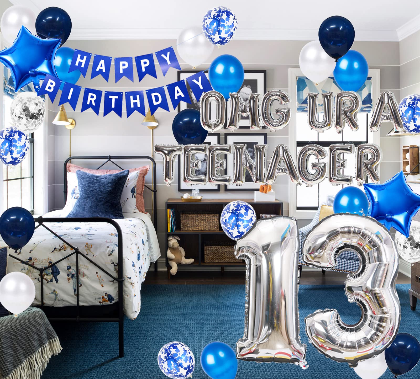 13th Birthday Decorations Blue for Boys, OMG UR A Teenager 13th Birthday Decoration, Blue 13th Birthday Banner Number 13 Star Foil Balloons with Blue Confetti Balloons for 13 Year Old Birthday Boys