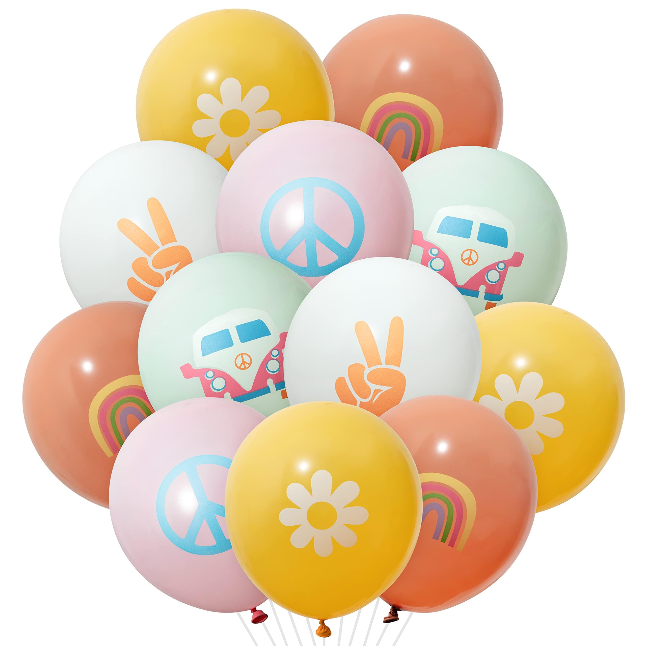 ANGOLIO 50Pcs Groovy Retro Hippie Balloons Girls Spring Party Theme Smile Faces For Birthday Theme Party for Boy and Girl Retro Different Pattern Summer Party Decor Carnival Decoration