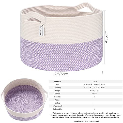 Sea Team XXXL Cotton Rope Basket, Large Woven Nursery Storage Bin, Laundry Hamper, Jumbo Blanket Basket for Rugs, Cushions, Pillows, Toys Organizer, 22 x 14 Inches, White & Mottled Lavender