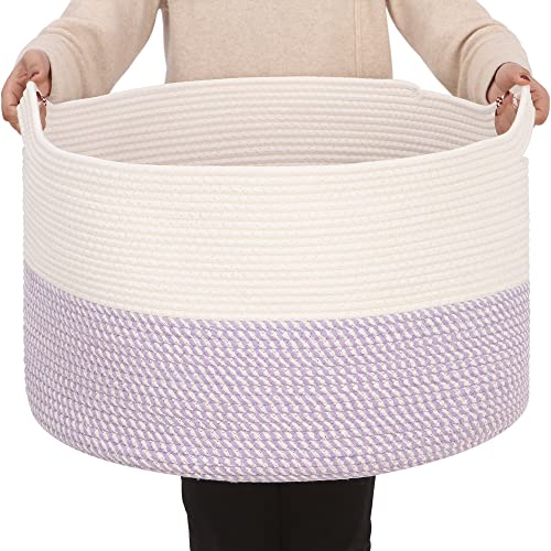 Sea Team XXXL Cotton Rope Basket, Large Woven Nursery Storage Bin, Laundry Hamper, Jumbo Blanket Basket for Rugs, Cushions, Pillows, Toys Organizer, 22 x 14 Inches, White & Mottled Lavender