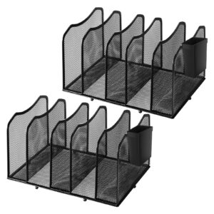 ekisemio 2 pack-mesh desktop file organizer sorter, 5-section bookshelf with pen holder for desk office, black