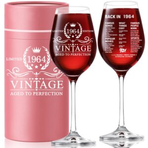 60th birthday gifts for men women - 1964 vintage 18 oz stemmed wine glass - double-sided printing birthday wine glass - back in 1964 old time information - unique gift ideas for wine lovers