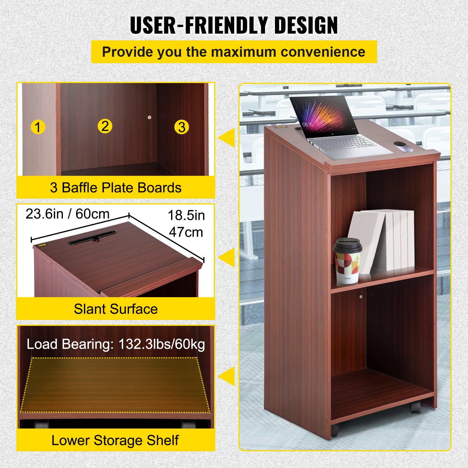 VEVOR Wood Podium, 23.6" x 47.2", Lecterns and Podiums w/ 4 Rolling Wheels, Slant Surface, Baffle Plate & Shelf, Easy Assembly Walnut Lecterns for Church, Office, School, Home